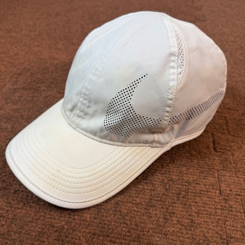 Nike Featherlight Dri-FIT Running Hat White B+ Perforated Swoosh Adjustable OSFM